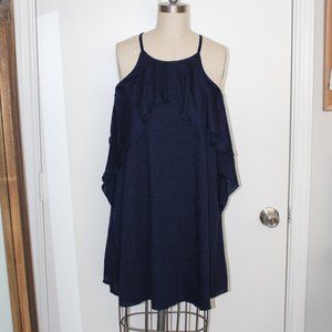 GB NAVY A-LINE DRESS WITH KEYHOLE BACK & RUFFLE TOP SIZE SMALL